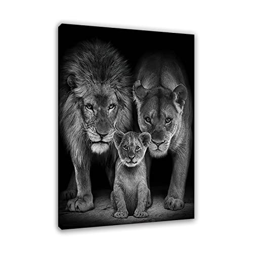 Leinwandbilder wohnzimmer schwarz weiß. Kunstdruck auf Leinwand. Afrikanischer Löwenfamilien-Gemälde Druck.Morden WandbilderSchwarz Weiß Kunstposter für Büro Dekoration 80x120cm(31.5x47.2")Gerahmt von Apcgsm