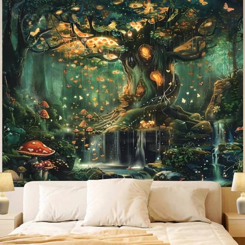 Apdidl Märchen-Tapisserie mit magischem Wald für Schlafzimmer, Natur, grüner Baum des Lebens mit Elfen, Landschaft, Wandbehang für Wohnzimmerdekoration (330,2 x 381 cm) von Apdidl