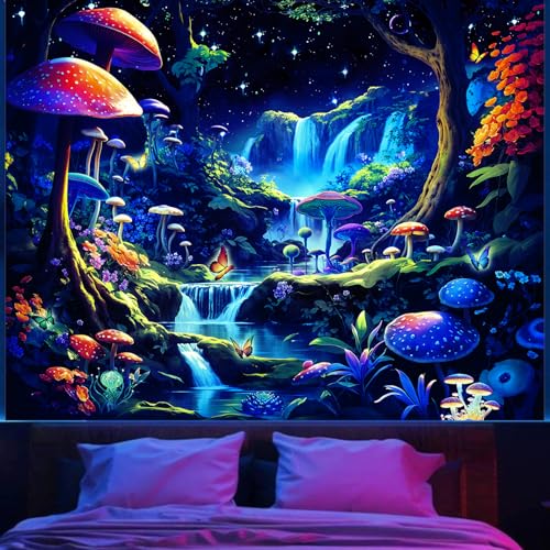 Apdidl Schwarzlicht-Poster, Wald-Wasserfall-Tapisserie für Schlafzimmer, Schwarzlicht, UV-reaktiver Sternennacht, Wandbehang, Natur-Fantasie-Landschaft, Wanddekoration für Wohnzimmer, Wohnheim (152,4 von Apdidl