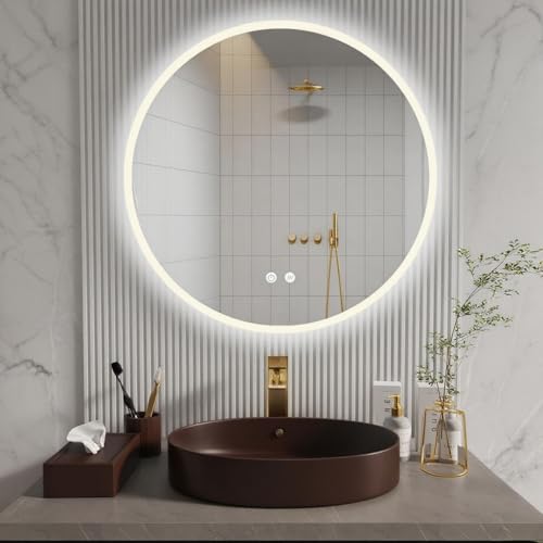 ApeJoy Badspiegel mit Beleuchtung Rund 60cm, Spiegel Runder mit Licht und mit Antibeschlag, Badezimmerspiegel Touch Schalter LED Wechsel Warmweiß-Kaltweiß-Neutral Memory Funktion [Energieklasse F] von ApeJoy