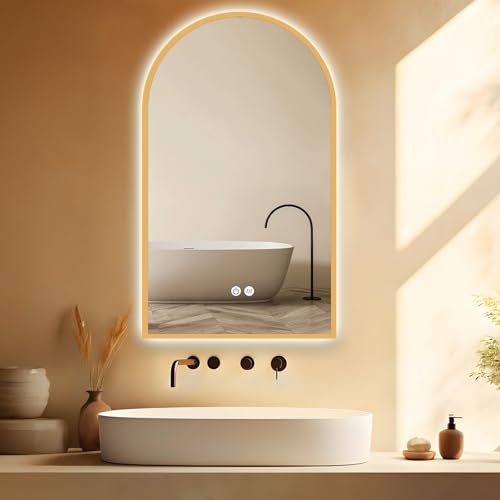 ApeJoy Gold Badspiegel Led Beleuchtung Arch 60x100/100x60cm, Wandspiegel mit Antibeschlag und mit Touch Schalter, Licht Wechsel 2700-6500K Warmweiß-Kaltweiß-Neutral Memory Funktion [Energieklasse F] von ApeJoy