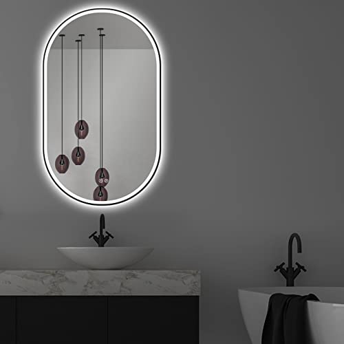 Apjeoy LED Badspiegel Oval 50 x 90 cm Wandspiegel Antibeschlage matt schwarz Metallrahmen Beleuchtung Badezimmerspiegel mit Touch-Schalter Lichtspiegel Dimmbar Warmweiß/Kaltweiß/Neutral AJ59PS von ApeJoy