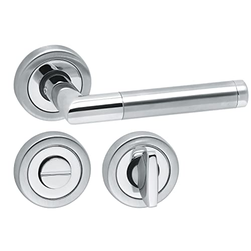 Aperit 49.340.03 Türbeschlag Modell SAVONA - Edelstahl Drücker Paar auf Rosetten 52mm mit WC Verriegelung - Edelstahl 304 poliert/matt gebürstet von Aperit