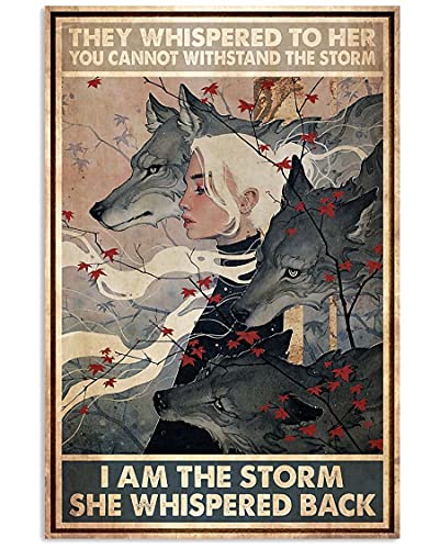 Waschbär Metallschild Wolf They Whispered to Her Girl Wandkunst Poster Blechschild Metall Vintage Blechschild von Aperiy