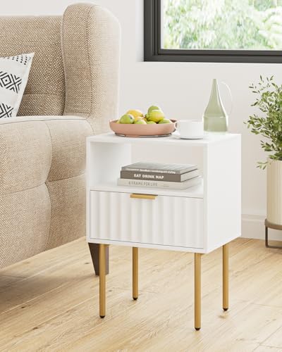 Apetaccat Nachttisch, Holz Nachttisch mit Goldrahmen, Weiß Nachtkästchen Möbel, Nachtschrank Beistelltisch mit Schublade und Regal für Schlafzimmer, Wohnzimmer Apetaccat Nachttisch, Holz Nachttisch mit Goldrahmen, Weiß Nachtkästchen Möbel, Nachtschrank Beistelltisch mit Schublade und Regal für Schlafzimmer, Wohnzimmer von Apetaccat