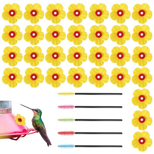20 Set Kolibri Feeder Ersatz Blumen mit 5 Reinigungsbürste, Haustier Kolibri Feeder Teile Futteröffnungen Vogelfutterstation Ersatzteile für draußen hängende Futterspender (Gelb) von Aphumedc