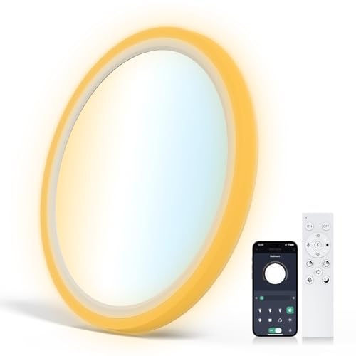 Aphyni Deckenlampe LED 33W Mit Nachtlicht, Ø40cm Deckenleuchte Flach, Dimmbar 3000-6500K 5500LM, IP44 Ultra Dünn Schlafzimmer Lampe Für Küche Wohnzimmer und Balkon, Fernbedienung und App-Steuerung von Aphyni