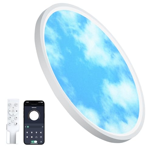 Aphyni Himmel Deckenlampe LED Ø40 cm, 33W dimmbar Blauer Himmel & weiße Wolken, Deckenleuchte mit Nachtlicht, 3000–6500 K, 4000 lm, IP44 wasserdicht, Lampe mit Timer- und Speicherfunktion von Aphyni