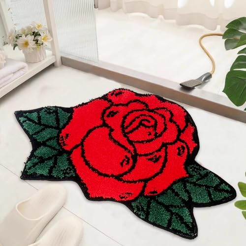 Apioiqa Badematte mit Rosenmotiv, flauschig, weich, rutschfest, maschinenwaschbar, Plüsch-Badezimmerteppich für Badezimmer, Duschraum (78,9 x 48,3 cm, Rot) von Apioiqa