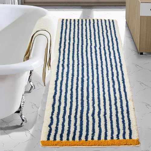 Apioiqa Blaue gestreifte Badematten, rutschfest, flauschig, saugfähig, Mikrofaser, waschbar, ästhetischer Badezimmerteppich, blau-weißer Läufer für Waschbecken, 50,8 x 160 cm Apioiqa Blaue gestreifte Badematten, rutschfest, flauschig, saugfähig, Mikrofaser, waschbar, ästhetischer Badezimmerteppich, blau-weißer Läufer für Waschbecken, 50,8 x 160 cm von Apioiqa