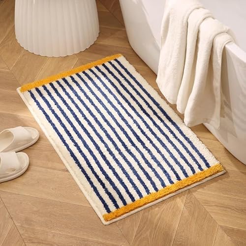 Apioiqa Blaue gestreifte Badematten, rutschfest, flauschig, saugfähig, Mikrofaser, waschbar, ästhetischer Badezimmerteppich, blau-weißer Läufer für Waschbecken, 50,8 x 81,3 cm Apioiqa Blaue gestreifte Badematten, rutschfest, flauschig, saugfähig, Mikrofaser, waschbar, ästhetischer Badezimmerteppich, blau-weißer Läufer für Waschbecken, 50,8 x 81,3 cm von Apioiqa