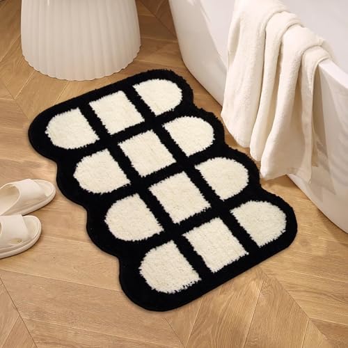 Apioiqa Schwarz-weiß karierter Badezimmerteppich, 50,8 x 81,3 cm, extra weiche und saugfähige Mikrofaser-Badteppiche, rutschfester Plüsch, zotteliger Teppich für Badezimmerboden, Badewanne und Dusche von Apioiqa