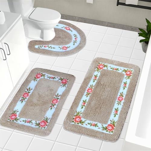 Badezimmerteppich-Set, Blumenmuster, 3-teilig, romantische Blumenteppiche, super weich und saugfähig, rutschfeste Mikrofaser, WC-Vorleger mit U-Form (Braun) von Apioiqa