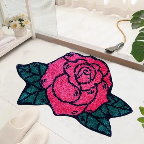 Badezimmerteppich mit Blumenmotiv, rutschfest, Rosen-Badteppich, extra saugfähig und weich, Mikrofaser, maschinenwaschbar, Badteppich für Badezimmer und Schlafzimmer, 78,7 x 48,3 cm, rote Rose von Apioiqa