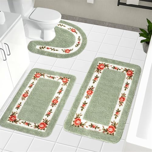 Green Rose Badezimmerteppich-Set, 3-teilig, Mikrofaser, zotteliges Blumen-Bad-Set, rutschfest, ultraweich, Rosen-Teppich, Blumen, U-förmige Toilette für Badezimmer, Badewanne, Dusche Green Rose Badezimmerteppich-Set, 3-teilig, Mikrofaser, zotteliges Blumen-Bad-Set, rutschfest, ultraweich, Rosen-Teppich, Blumen, U-förmige Toilette für Badezimmer, Badewanne, Dusche von Apioiqa