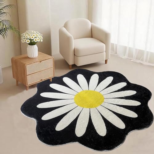 Teppich in Gänseblümchenform, waschbar, kreisförmig, rutschfest, Hochflor-Teppich, rund, für Schlafzimmer, Badezimmer, Eingangsbereich, Kinderzimmer, Büro, Studentenwohnheim (schwarz) von Apioiqa