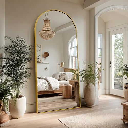 Aplancee Bogenstandspiegel 180x80cm, Gewölbter Ganzkörperspiegel mit Golden Metallrahmen zum Anlehnen oder hängened an die Wand，großer Fußboden Spiegel für Ankleidezimmer, Wohnzimmer und Schlafzimmer von Aplancee