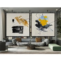 Original Große Wandkunst. Extra Abstrakte Leinwand Kunst Set Von Zwei 2 Leinwandbildern. Weiße Und Gelbe Malerei W203 von ApllicsArtStudio