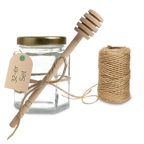 Apoidea – Set aus 128 Stück Honigglas 250g, Honiglöffel und Kordel/Honigglas mit Honiglöffel für kleine Gastgeschenke/Honiggläser, Honig Löffel & Juteschnur für Honig Geschenkset von Apoidea