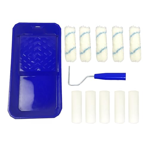Farbroller Wandfarbe 10er Pack – Schaumstoff-Rollen (5 Stk.) + Baumwollfaser-PinselköPfe (5 Stk.) Mit Blauer Neumaterial-Farbtrog & Blauem GriffstäNder-Malen Set von ApollOptimum