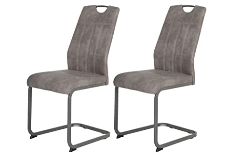 Hela Tische, 2er Set Esszimmerstuhl, Schwingstuhl CHRISTINA, Microfaser Vintage-Optik Grau, Metallgestell Grau, Lehne mit Griff von Hela Tische