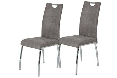 Hela Tische, 2er Set Esszimmerstuhl Küchenstuhl Susi, Mikrofaser Vinatge Grau, Metallgestell + Griff Chrom von Hela Tische