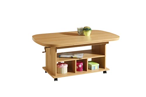 Hela Tische, Funktionscouchtisch Babsi, Holzwerkstoff melaminbeschichtet, Buche, höhenverstellbar 53-63cm, ausziehbar 107-157cm, auf Rollen von Hela Tische
