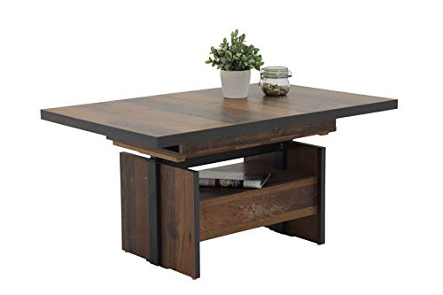 Hela Tische, Funktionscouchtisch Noah, Holzwerkstoff melaminbeschichtet, Dekor Oldwood, Schubkasten, Synchronauszug 110-150cm, höhenverstellbar 54-73cm von Hela Tische
