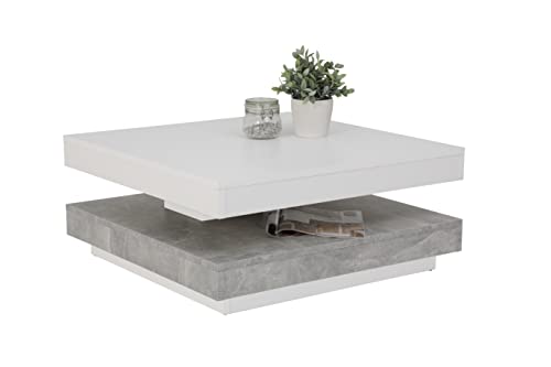 Apollo Couchtisch Wohnzimmertisch Andy, Quadratisch, Holzwerkstoff ,Tischplatte drehbar 360°, Weiß/Beton, 67x67x35cm von Apollo