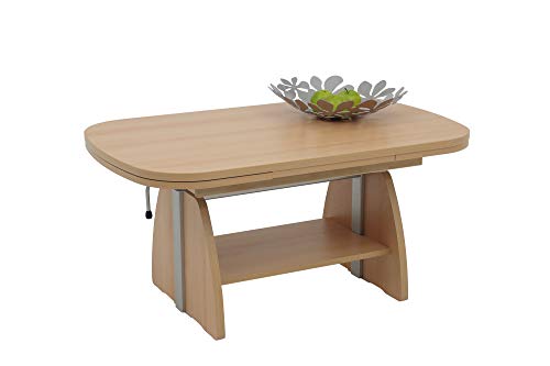 Hela Tische, Funktionscouchtisch Colin, Holzwerkstoff melaminbeschichtet, Dekor Buche, Ablageboden, ausziehbar 107-156, höchenverstellbar mit Lift 53-69cm von Hela Tische