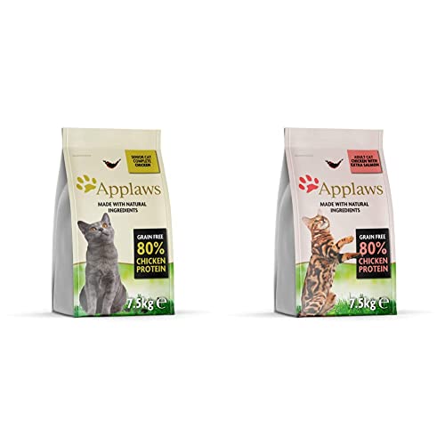 Applaws Komplette natürliche und Getreide frei trockene Katze Essen, Huhn für ältere Katzen, 7,5 kg Tasche & Katze Trockenfutter Adult, Huhn mit Extra Lachs, 1er Pack (1 x 7.5 kg), 7.5 kg (1er Pack) von Applaws