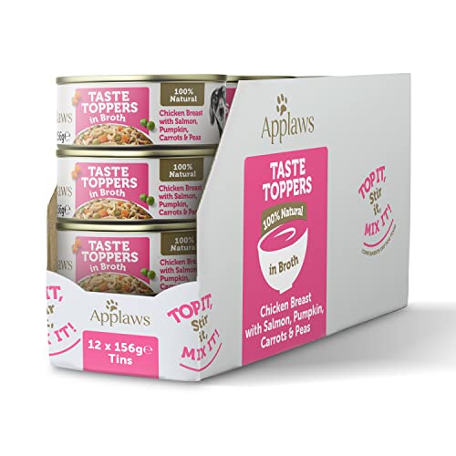 Applaws Taste Toppers 100% natürliche Wet Dog Food Topper, Huhn mit Lachs und Gemüse in Brühe 156g Tin (12 x 156g Dosen) von Applaws