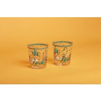 Set Von 2 Vintage 50Er Jahre Teal Blau Gold Neuheit Kurze Klare Glas Tassen von AppleBranchesVintage