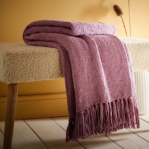 Appletree Überwurf/Decke (130 x 180 cm) – Chenille-Überwurf in Rot Mauve – strukturierter Leinenüberwurf in Heidekraut – Dunkelrosa Decke gewebt – Überwurf mit Quasten – für Wohnzimmer und von Appletree