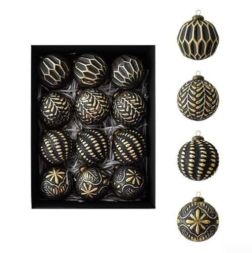 Antikes Weihnachtskugel-Set, 12 Stück, zum Aufhängen an Bäumen, mit Vintage-Retro-Finish und leichtem Kunststoffmaterial (schwarz) von Aprilsunnyzone
