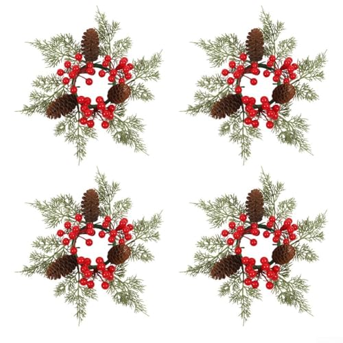Aprilsunnyzone 4-teiliges Set von Weihnachtskerzenringen mit realistischen Tannenzapfen und roten Beeren, perfekt für natürliche dekorative Akzente zu saisonalen Kerzen-Displays (2) von Aprilsunnyzone