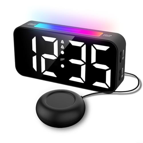 Aprilsunnyzone Für RGB-LED-Wecker mit zwei Alarmeinstellungen, Vibrationsfunktion unter dem Kissen, Schlummertaste oben, einstellbare Helligkeit und Lautstärke (weiße Zeichen) von Aprilsunnyzone