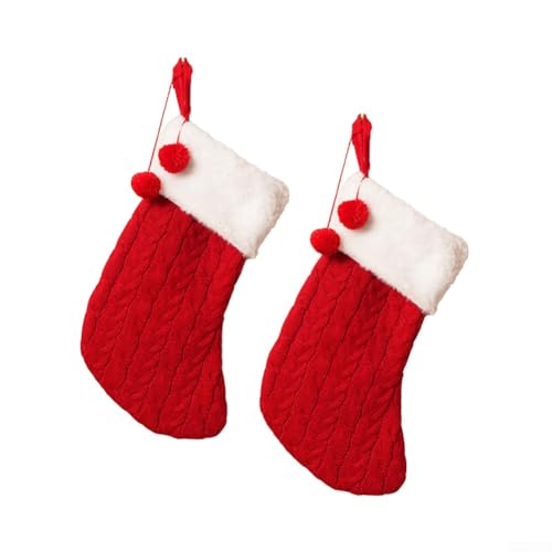Set mit zwei gestrickten Weihnachtsstrümpfen aus dicker Wolle, gemütlich und warm, zum Aufhängen am Kamin und festliche Heimdekoration (rot) von Aprilsunnyzone