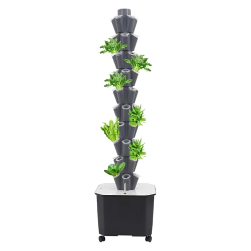 Apriltop 50 Löcher Hydroponische Anzuchtsysteme mit 45 Liter Wassertank und Wasserstandsmesser, 10 Ebenen Vertical Hydroponic Turm mit 5 Räder, Tomaten, Erdbeeren und Chilischoten Anbauen (Grau) von Apriltop