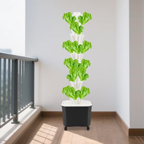 Apriltop 50 Löcher Hydroponische Anzuchtsysteme mit 45 Liter Wassertank und Wasserstandsmesser, 10 Ebenen Vertical Hydroponic Turm mit 5 Räder, Tomaten, Erdbeeren und Chilischoten Anbauen (Weiß) von Apriltop