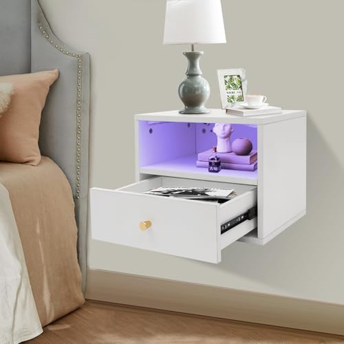 Apriltop Schwebendes Nachttisch mit LED-Licht und Schublade,Nachttisch Wandmontage Hängeschublade,Einstellbare Lichtfarben und Modi,für Schlafzimmer, Wohnzimmer und kleine Räume (Weiß) von Apriltop
