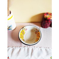 7.4 Durchmesser Ohrlose Kleine Frühstücks-Emaille-Schale Mit Schöner Sonnenblumendekoration, Verwendbarer Zustand, Müsli, Obstteller Zum Wandern von AproShop