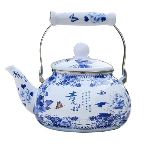ApuaVireo&Co 2,6 Quart Emaille-Teekanne, blau-weiße Porzellan-Teekanne for den Herd, klassisches Retro-Design von ApuaVireo&Co