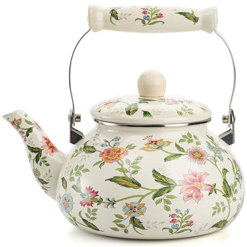 ApuaVireo&Co 2,6 Quart Emaille-Teekessel, Retro-Wasserkocher for den Herd, florale Emaille auf Stahl-Teekessel, Teekanne for das Picknick in der Küche zu Hause(A) von ApuaVireo&Co