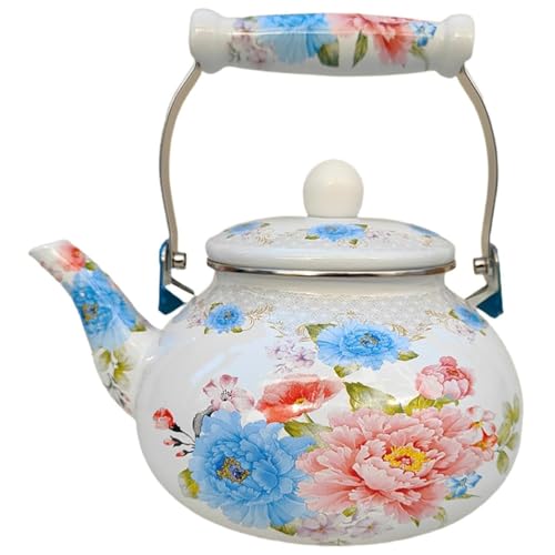 ApuaVireo&Co Emaillierter Teekessel, 2,5 l, Blumen-Emaille auf Stahl, Wasser-Kaffee-Teekanne mit Keramikgriff for den Herd, kein Pfeifen von ApuaVireo&Co