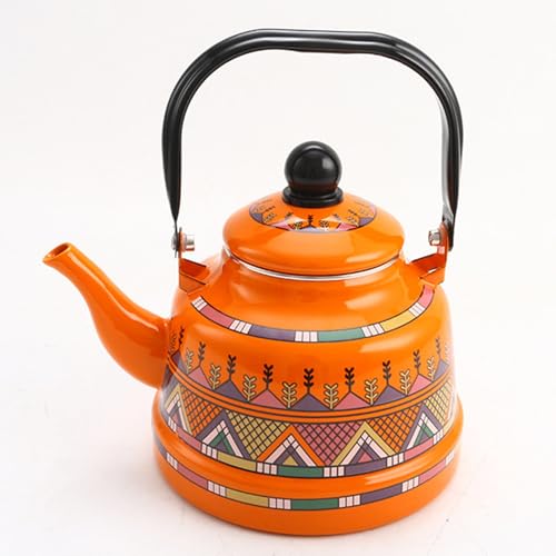 ApuaVireo&Co Emaillierter Teekessel, Retro-Emaille-Teekanne for den Herd, Emaille auf Stahlwasser-Kaffee-Teekanne mit Griff, geometrisches und Baummuster, Wasser for die Küche zu Hause(Orange 2.5l) von ApuaVireo&Co