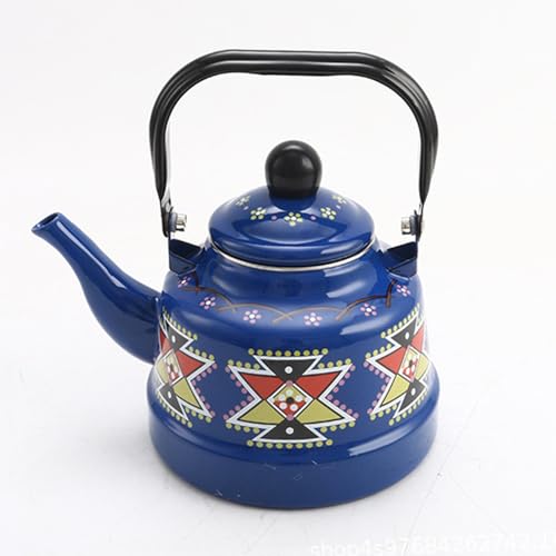 ApuaVireo&Co Klassischer Emaille-Teekessel, Retro mit geometrischem und gepunktetem Muster, dekorativer Teekannengriff for die Küche zu Hause(Blue,1.1L) von ApuaVireo&Co