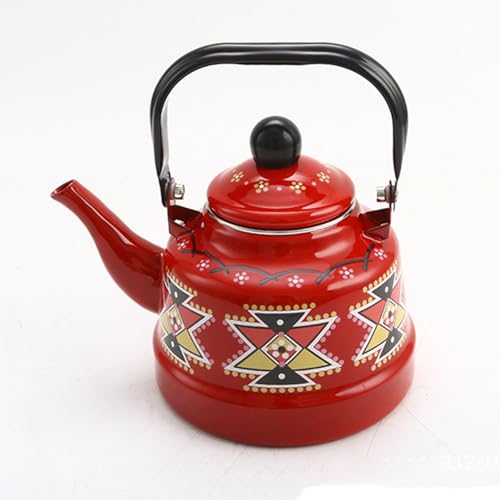 ApuaVireo&Co Klassischer Emaille-Teekessel, Retro mit geometrischem und gepunktetem Muster, dekorativer Teekannengriff for die Küche zu Hause(Red,1.7L) von ApuaVireo&Co