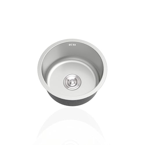 ApuaVireo&Co Mini-Küchenspüle, silberfarbene runde kleine Spülen aus Edelstahl 304, Einzelbecken-Wohnwagenspüle mit Abtropffläche und Überlauf for Wohnmobil-Bar-Restaurant, Unterbau Aufsatz(Ø 36cm) von ApuaVireo&Co