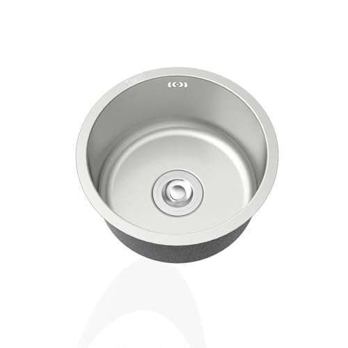 ApuaVireo&Co Mini-Küchenspüle, silberfarbene runde kleine Spülen aus Edelstahl 304, Einzelbecken-Wohnwagenspüle mit Abtropffläche und Überlauf for Wohnmobil-Bar-Restaurant, Unterbau Aufsatz(Ø 32cm) von ApuaVireo&Co